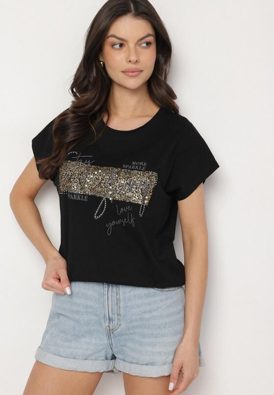 Czarny T-shirt z Bawełny Typu Nietoperz z Cyrkoniami i Perełkami Linellis 1