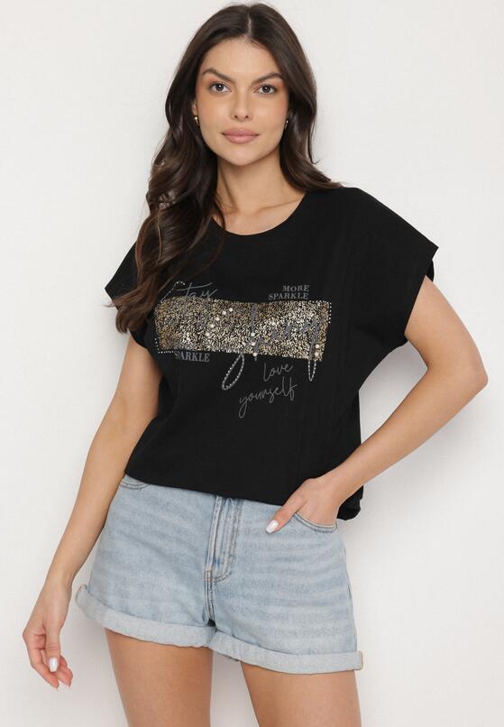 Czarny T-shirt z Bawełny Typu Nietoperz z Cyrkoniami i Perełkami Linellis 4