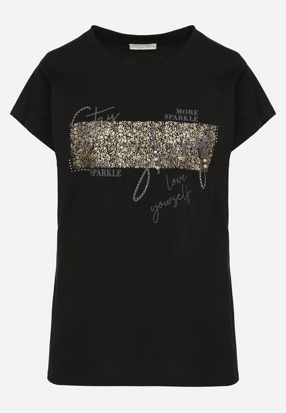 Czarny T-shirt z Bawełny Typu Nietoperz z Cyrkoniami i Perełkami Linellis 6