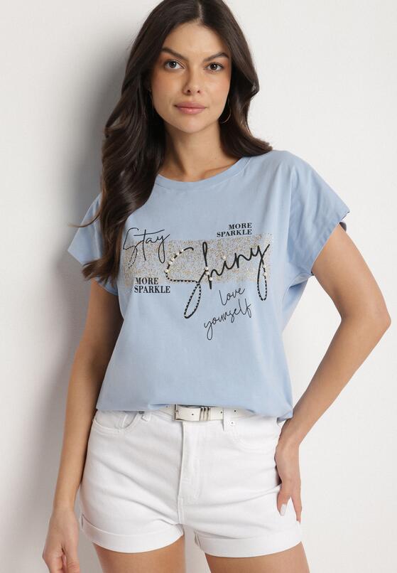Jasnoniebieski T-shirt z Bawełny Typu Nietoperz z Cyrkoniami i Perełkami Linellis 4