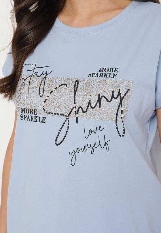 Jasnoniebieski T-shirt z Bawełny Typu Nietoperz z Cyrkoniami i Perełkami Linellis 5