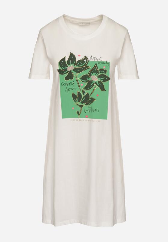 Biała Bawełniana Sukienka o Kroju Typu T-shirt Zdobiona Nadrukiem Nevolira 6