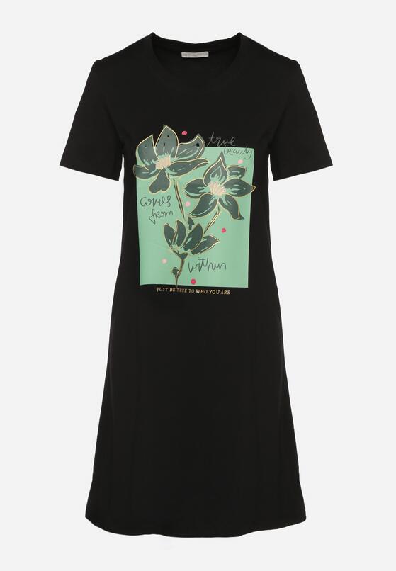 Czarna Bawełniana Sukienka o Kroju Typu T-shirt Zdobiona Nadrukiem Nevolira 6