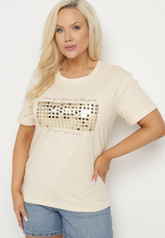 Beżowy T-shirt Bawełniany Ozdobiony Cekinami Lirenell 1