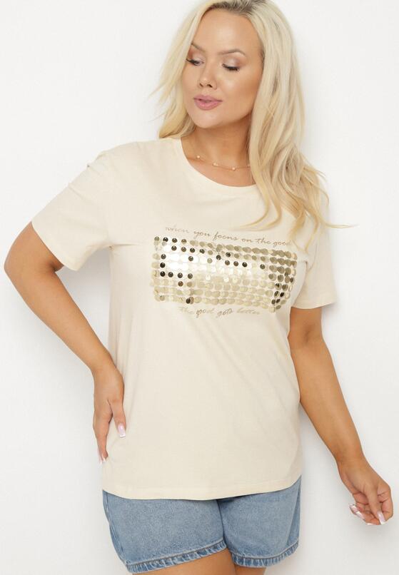 Beżowy T-shirt Bawełniany Ozdobiony Cekinami Lirenell 2