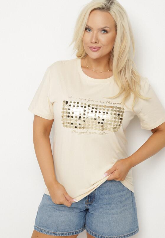 Beżowy T-shirt Bawełniany Ozdobiony Cekinami Lirenell 4