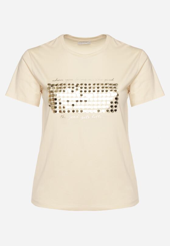 Beżowy T-shirt Bawełniany Ozdobiony Cekinami Lirenell 6