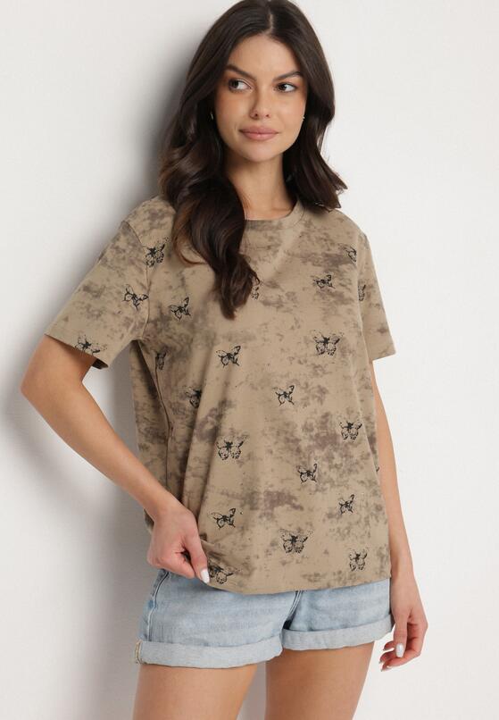 Ciemnobeżowy T-shirt Bawełniany w Print w Motylki Tenorea 1