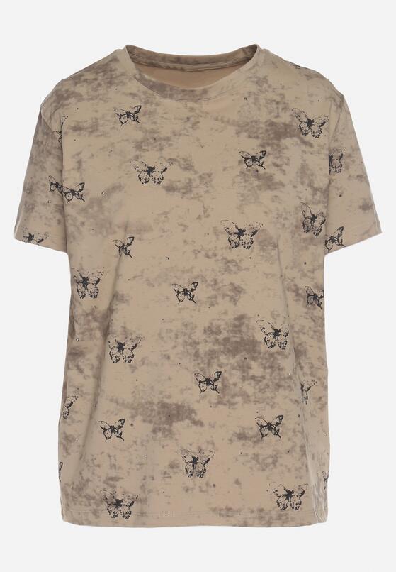 Ciemnobeżowy T-shirt Bawełniany w Print w Motylki Tenorea 6