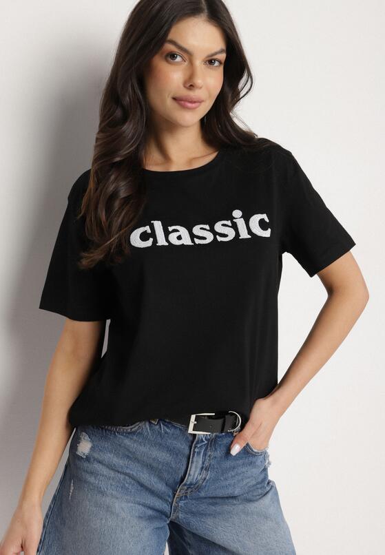 Czarny T-shirt z Bawełny z Aplikacją z Cyrkoniami Deraine 1