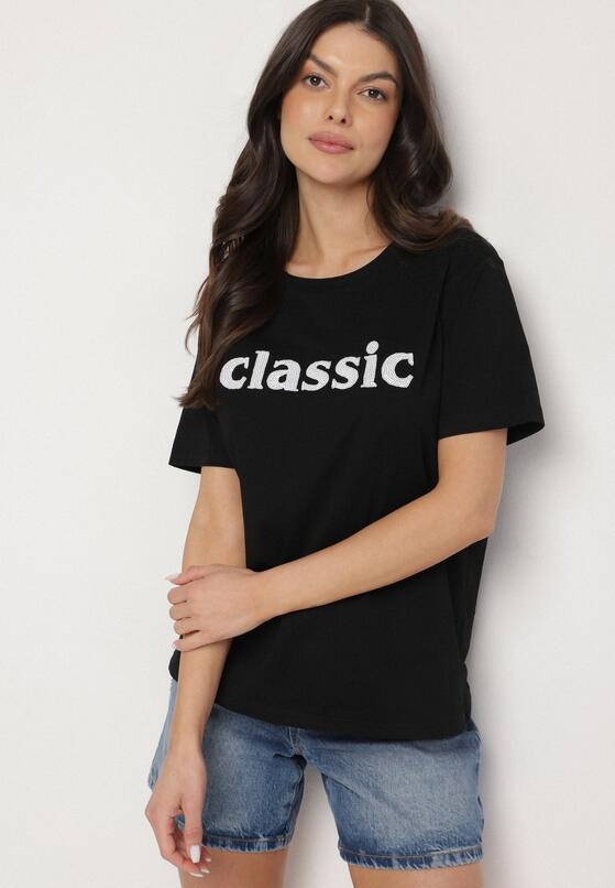 Czarny T-shirt z Bawełny z Aplikacją z Cyrkoniami Deraine 2