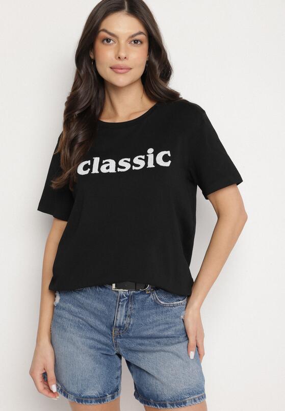 Czarny T-shirt z Bawełny z Aplikacją z Cyrkoniami Deraine 4