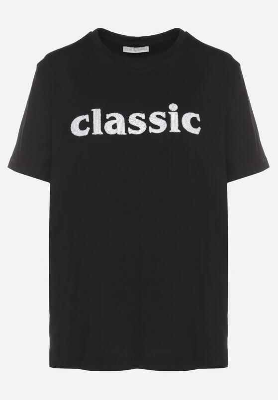 Czarny T-shirt z Bawełny z Aplikacją z Cyrkoniami Deraine 6