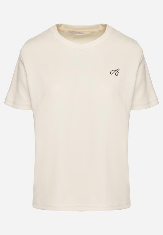 Jasnobeżowy T-shirt o Klasycznym Kroju z Ozdobnym Haftem Galerrena 6