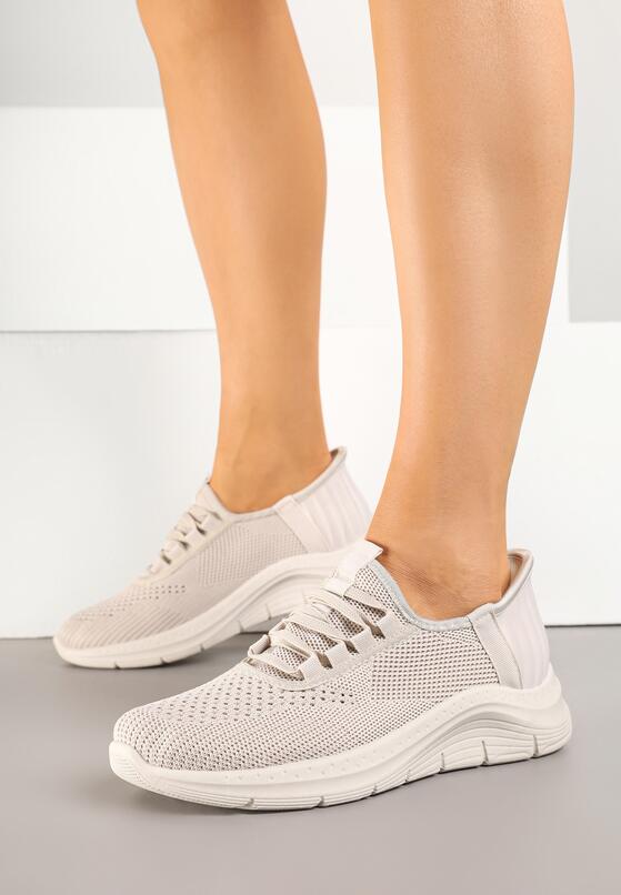 Beżowe Siateczkowe Buty Sportowe Sneakersy Wsuwane z Ozdobnym Sznurowaniem Terelea 1