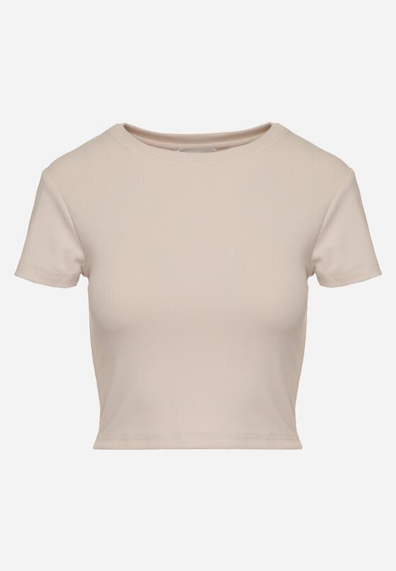 Beżowy T-shirt z Prążkowanego Materiału o Krótkim Kroju Telunna 6