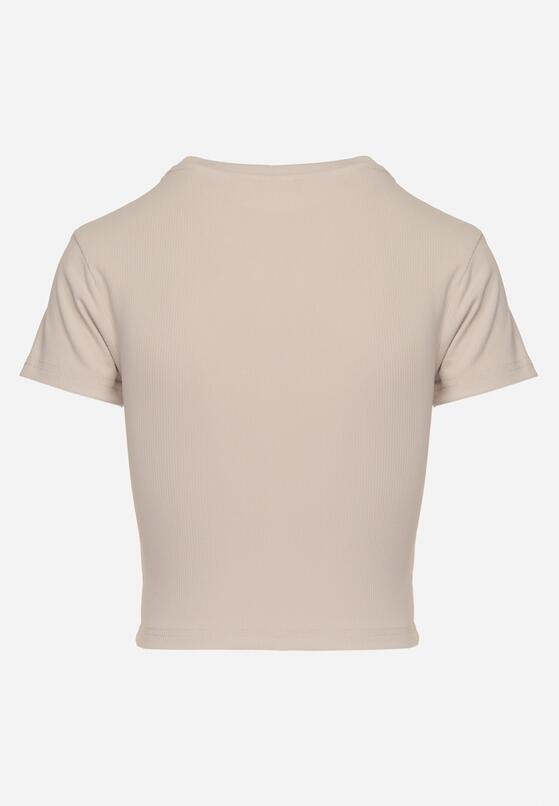 Beżowy T-shirt z Prążkowanego Materiału o Krótkim Kroju Telunna 7