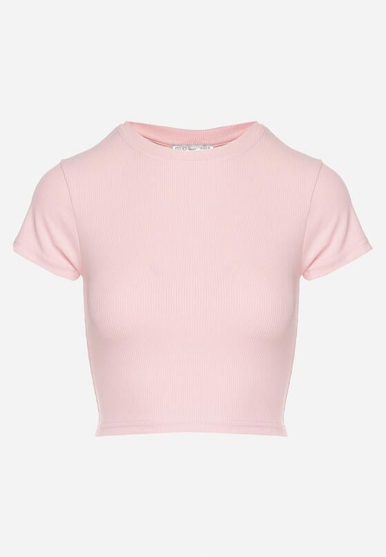 Jasnoróżowy T-shirt z Prążkowanego Materiału o Krótkim Kroju Telunna 6