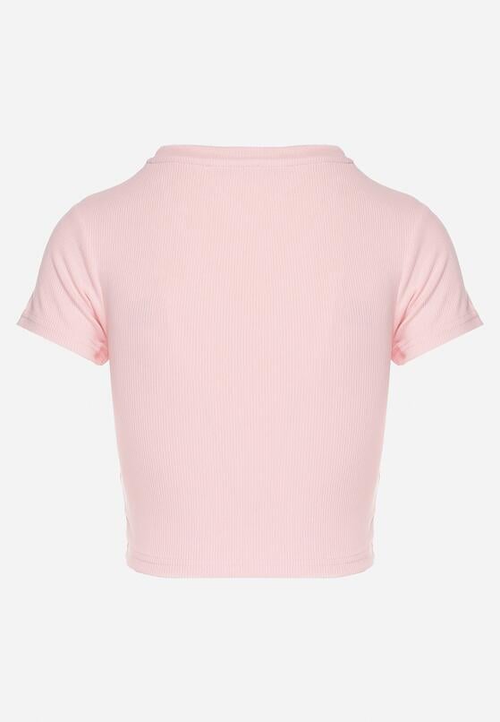 Jasnoróżowy T-shirt z Prążkowanego Materiału o Krótkim Kroju Telunna 7