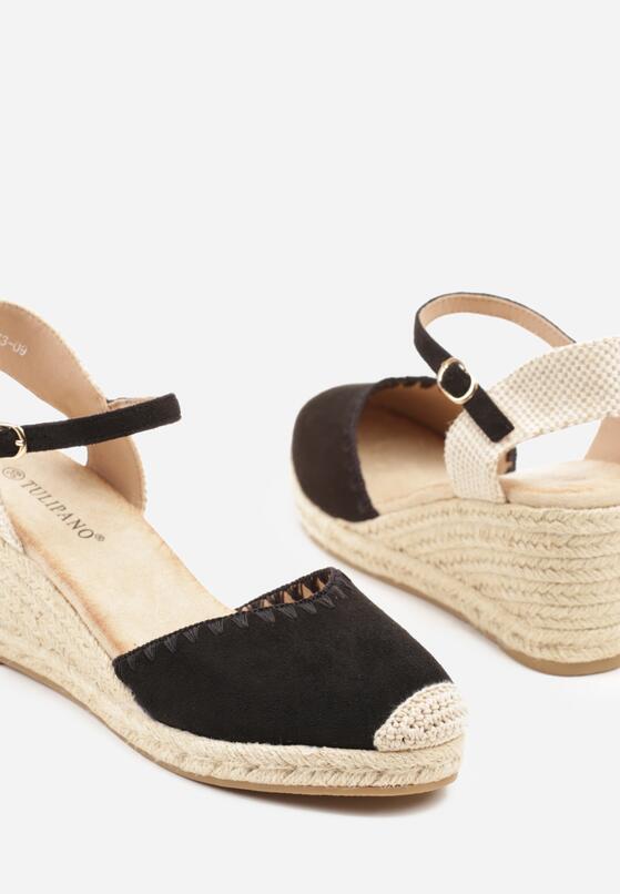 Czarne Sandały Espadryle na Koturnie w Stylu Boho Merilwena 6