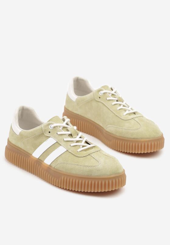 Jasnozielone Sneakersy z Naturalnego Zamszu na Grubej Tłoczonej Podeszwie Teneskela 5