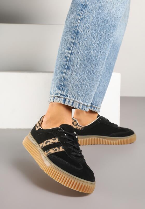 Czarne Skórzane Sneakersy Klasyczne Tenisówki z Zamszu Naturalnego ze Wzorem w Panterkę Teniresela 2