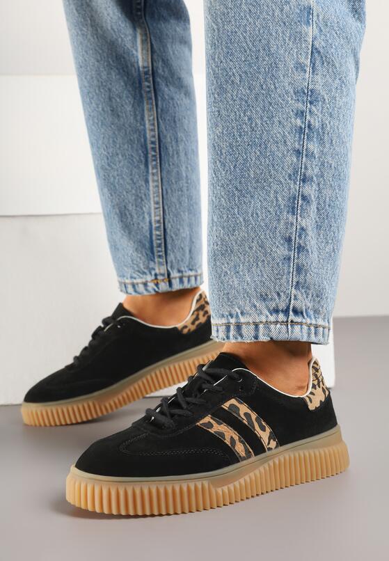 Czarne Skórzane Sneakersy Klasyczne Tenisówki z Zamszu Naturalnego ze Wzorem w Panterkę Teniresela 1
