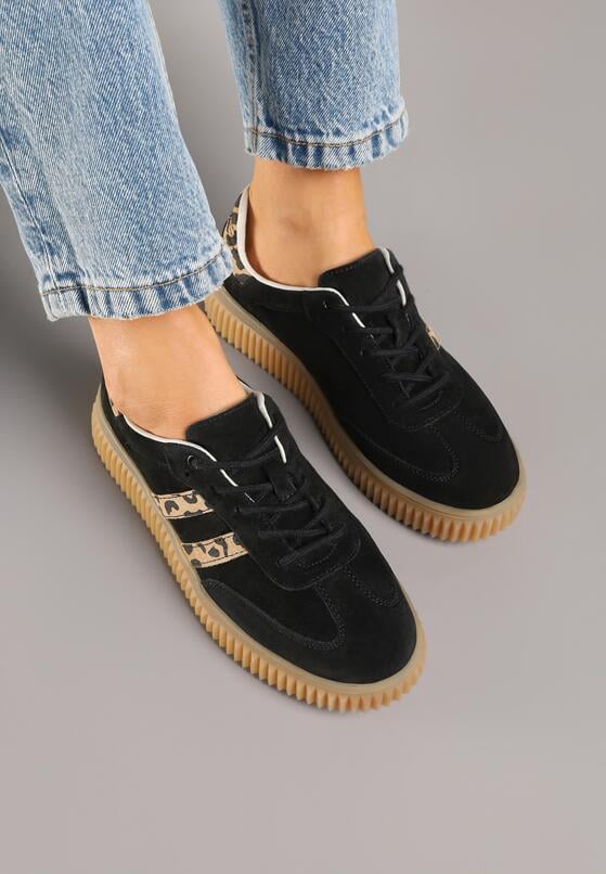 Czarne Skórzane Sneakersy Klasyczne Tenisówki z Zamszu Naturalnego ze Wzorem w Panterkę Teniresela 3