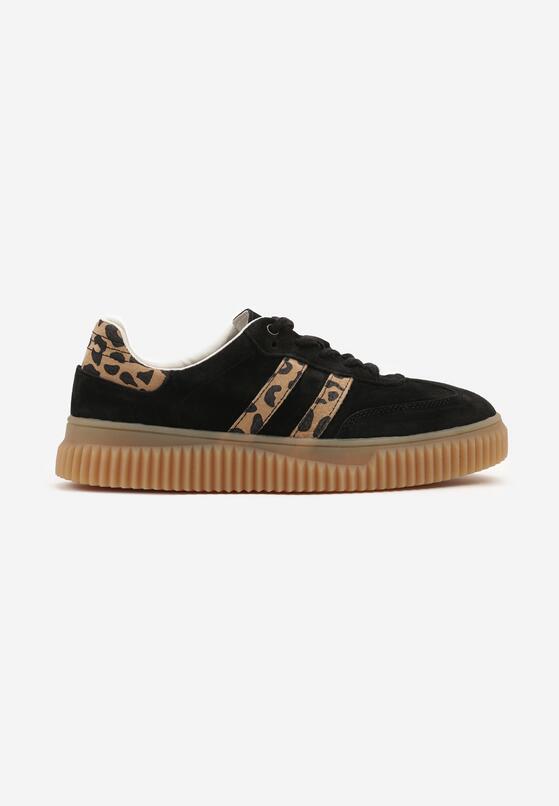 Czarne Skórzane Sneakersy Klasyczne Tenisówki z Zamszu Naturalnego ze Wzorem w Panterkę Teniresela 4
