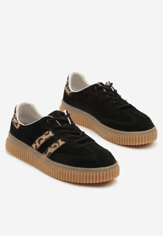 Czarne Skórzane Sneakersy Klasyczne Tenisówki z Zamszu Naturalnego ze Wzorem w Panterkę Teniresela 5