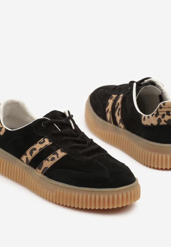 Czarne Skórzane Sneakersy Klasyczne Tenisówki z Zamszu Naturalnego ze Wzorem w Panterkę Teniresela 6