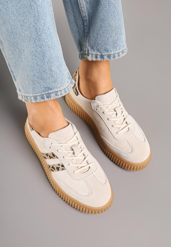 Beżowe Skórzane Sneakersy Klasyczne Tenisówki z Zamszu Naturalnego ze Wzorem w Panterkę Teniresela 3
