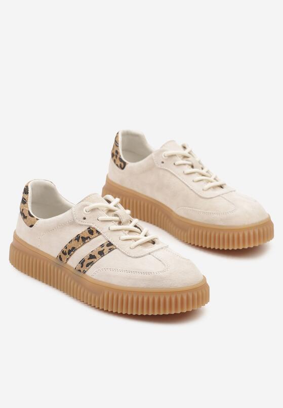 Beżowe Skórzane Sneakersy Klasyczne Tenisówki z Zamszu Naturalnego ze Wzorem w Panterkę Teniresela 5