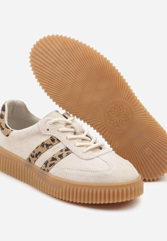 Beżowe Skórzane Sneakersy Klasyczne Tenisówki z Zamszu Naturalnego ze Wzorem w Panterkę Teniresela 6