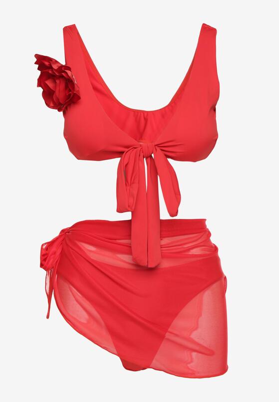 Czerwone Bikini Biustonosz z Odpinanym Kwiatem 3D Majtki Typu Figi i Siateczkowe Pareo Folane 5