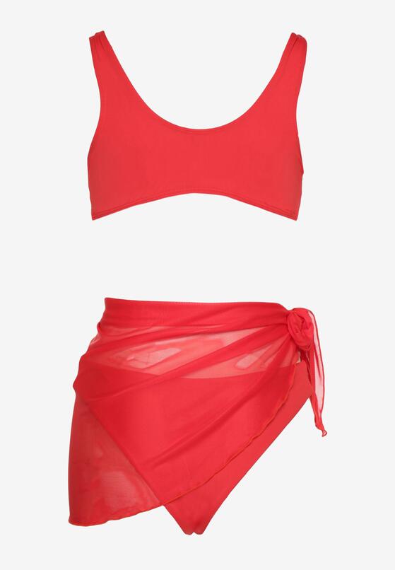 Czerwone Bikini Biustonosz z Odpinanym Kwiatem 3D Majtki Typu Figi i Siateczkowe Pareo Folane 6