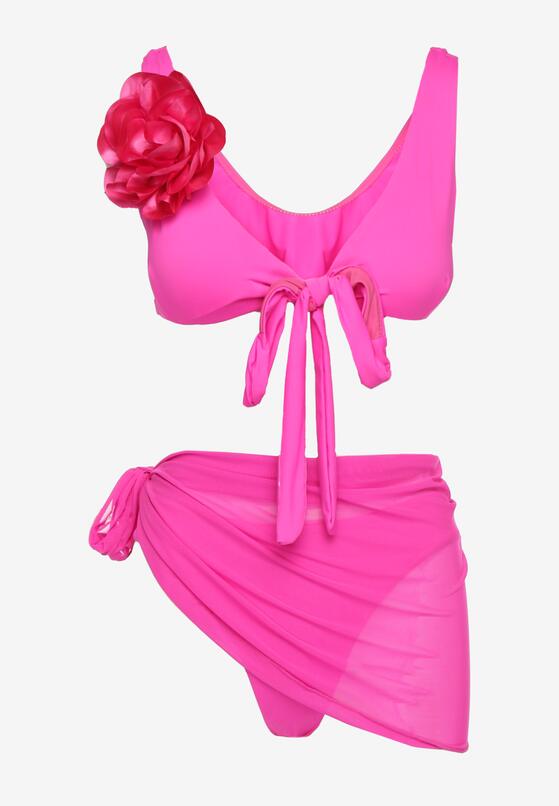 Różowe Bikini Biustonosz z Odpinanym Kwiatem 3D Majtki Typu Figi i Siateczkowe Pareo Folane 5