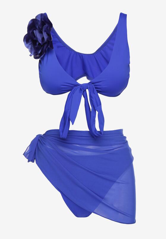 Niebieskie Bikini Biustonosz z Odpinanym Kwiatem 3D Majtki Typu Figi i Siateczkowe Pareo Folane 5