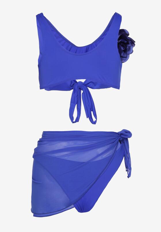 Niebieskie Bikini Biustonosz z Odpinanym Kwiatem 3D Majtki Typu Figi i Siateczkowe Pareo Folane 6