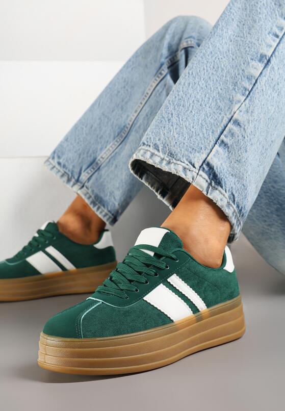 Zielone Sneakersy w Stylu Klasycznych Tenisówek z Ozdobnymi Paskami Dellien 2