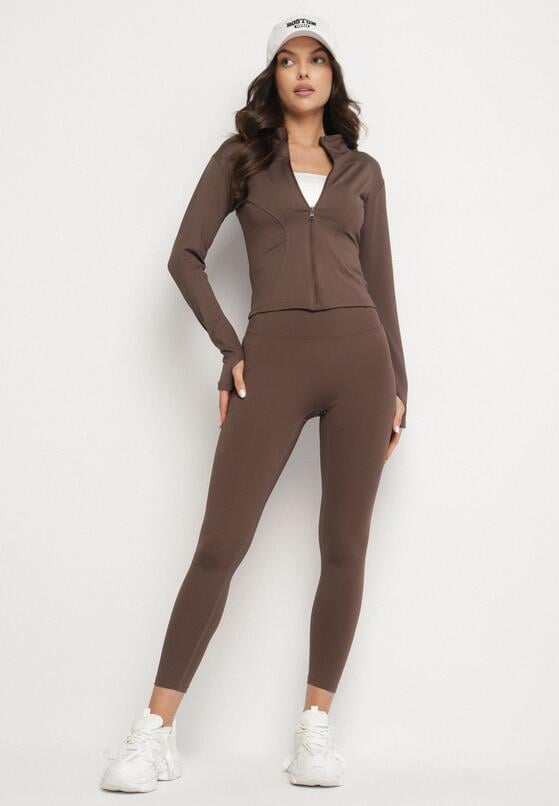 Brązowy Komplet Sportowy Bluza z Wycięciem na Kciuk i Legginsy Redinelle 1