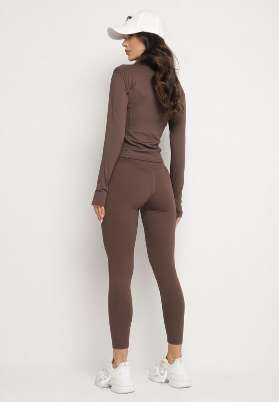 Brązowy Komplet Sportowy Bluza z Wycięciem na Kciuk i Legginsy Redinelle 3