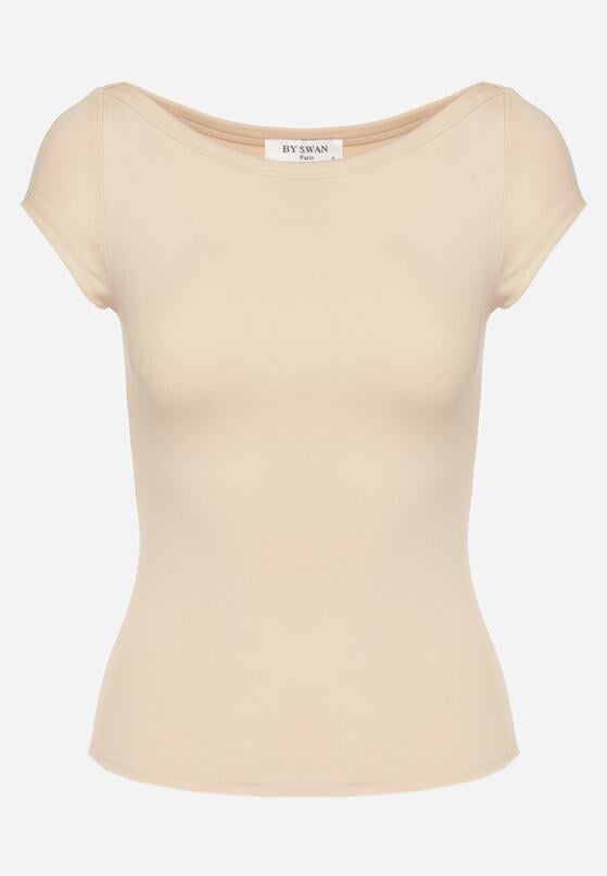 Jasnobeżowy T-shirt z Bawełny o Dopasowanym Kroju z Dekoltem w Łódkę Galerissa 6