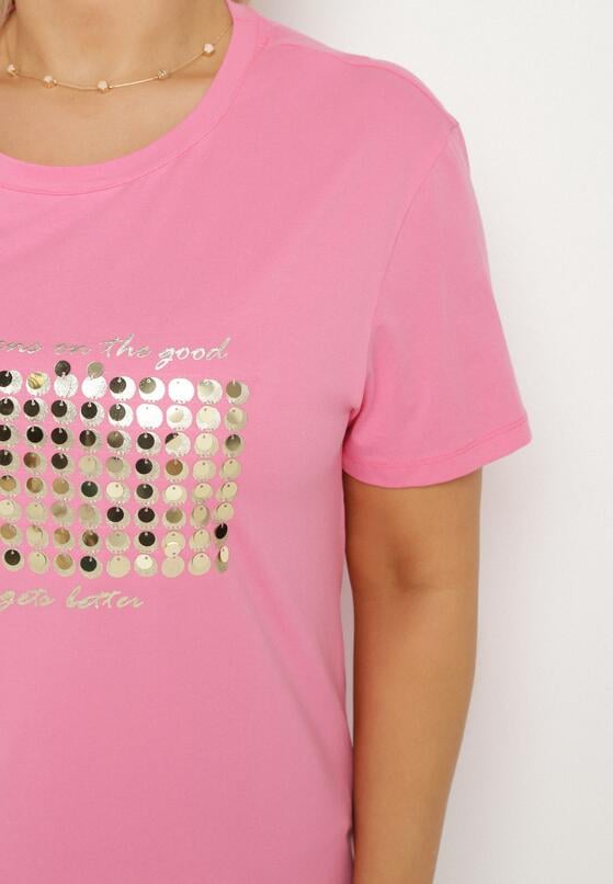 Różowy T-shirt Bawełniany Ozdobiony Cekinami Lirenell 5
