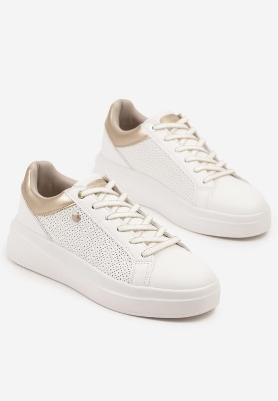 Białe Sneakersy w Stylu Tenisówek na Grubej Podeszwie Zdobione Perforacją Marailia 5