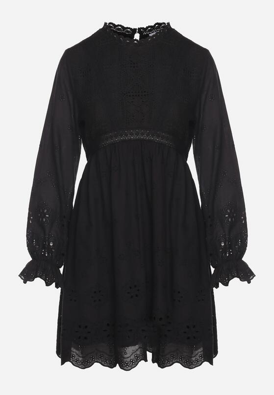 Czarna Sukienka Boho o Rozkloszowanym Kroju z Haftowanymi Zdobieniami Ifflina 6