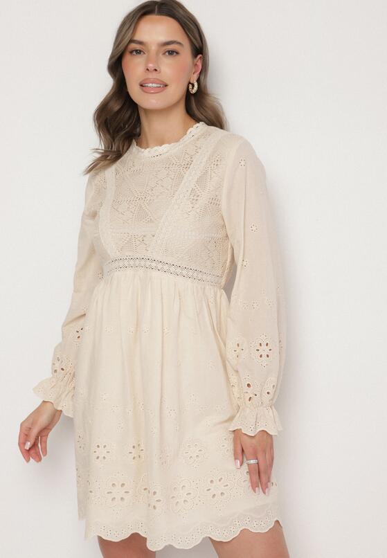 Beżowa Sukienka Boho o Rozkloszowanym Kroju z Haftowanymi Zdobieniami Ifflina 4