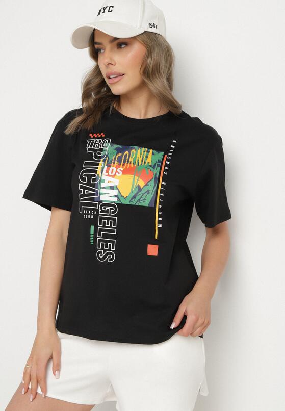 Czarna Koszulka T-shirt z Bawełny z Ozdobnym Nadrukiem Savenelle 5