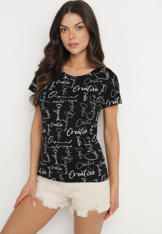 Czarny T-shirt z Bawełny Zdobiony Nadrukiem z Napisami Mirindela 2