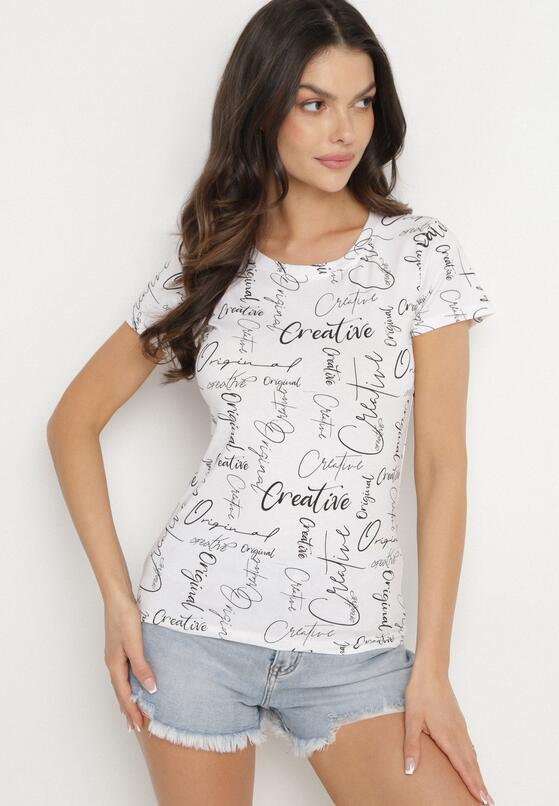 Biały T-shirt z Bawełny Zdobiony Nadrukiem z Napisami Mirindela 2